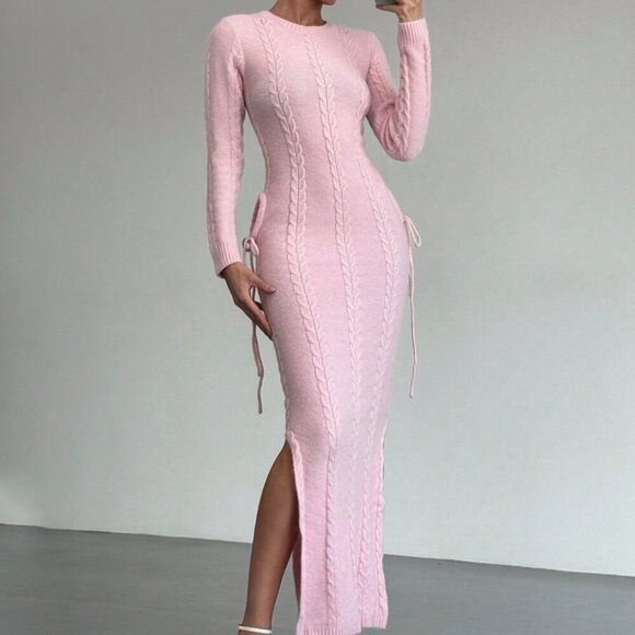 Pink Elegant Women's Warm Cinched Waist Knitted Dress - Picture 3 of 8